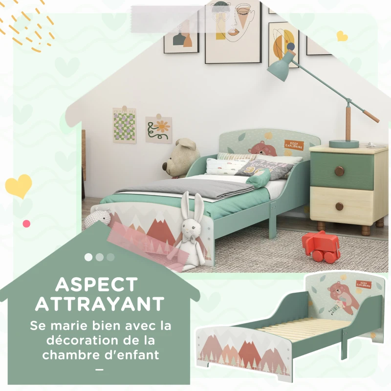ZONEKIZ Lit pour enfant 3-6 ans avec barrières de sécurité et motifs dim. 77 x 143 x 60 cm sommier à lattes inclus - Vert