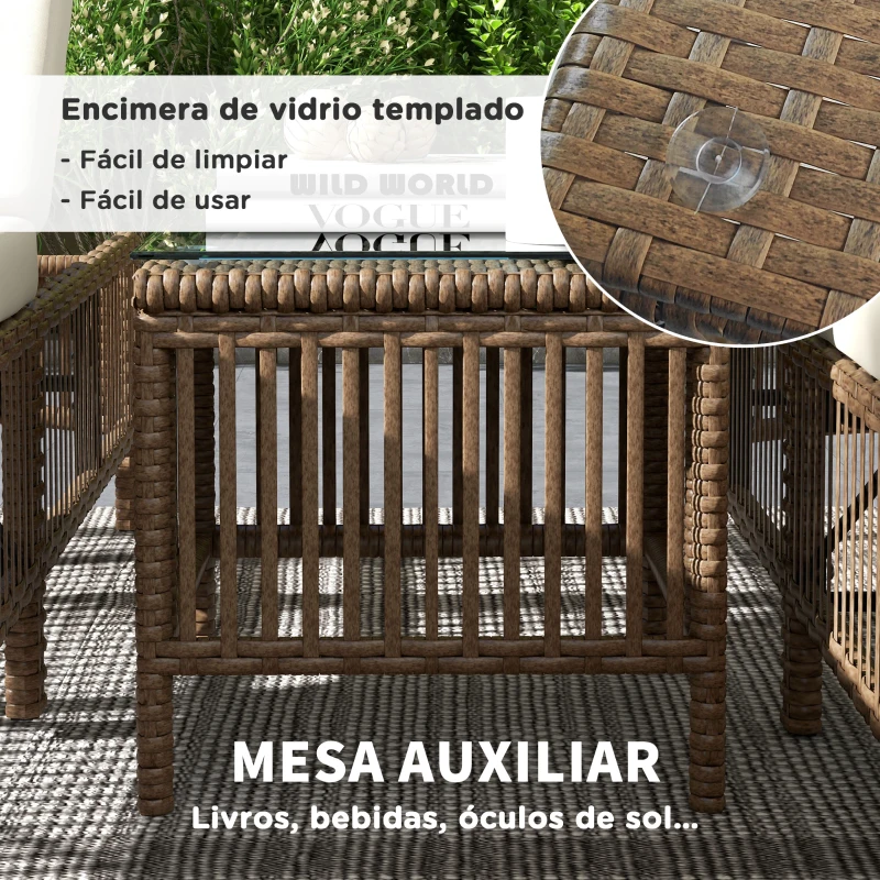 Outsunny Conjunto de 2 Tumbonas de Ratán con Mesa de Centro Respaldo Ajustable en 5 Niveles y Cojines 196x54x32 cm Beige