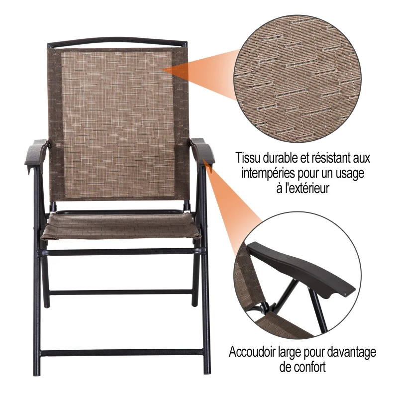 Outsunny Ensemble de Jardin 3 pièces 2 chaises inclinables Multi-Positions Pliables + Table Ronde Verre trempé métal textilène Chocolat