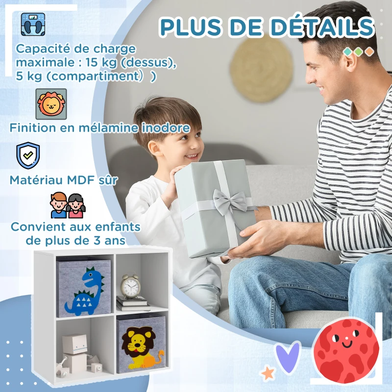 ZONEKIZ Meuble étagère bibliothèque 4 cases 2 cubes paniers tissu motif dinosaures pour chambre enfant 62 x 30 x 62 cm blanc