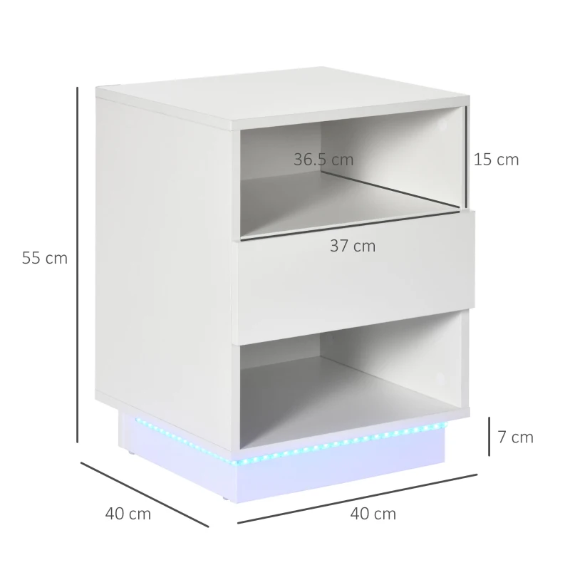HOMCOM Comodini Moderni con LED, Set 2 Pezzi in Truciolato Bianco con Cassetto e 2 Ripiani Aperti, 40x40x55 cm