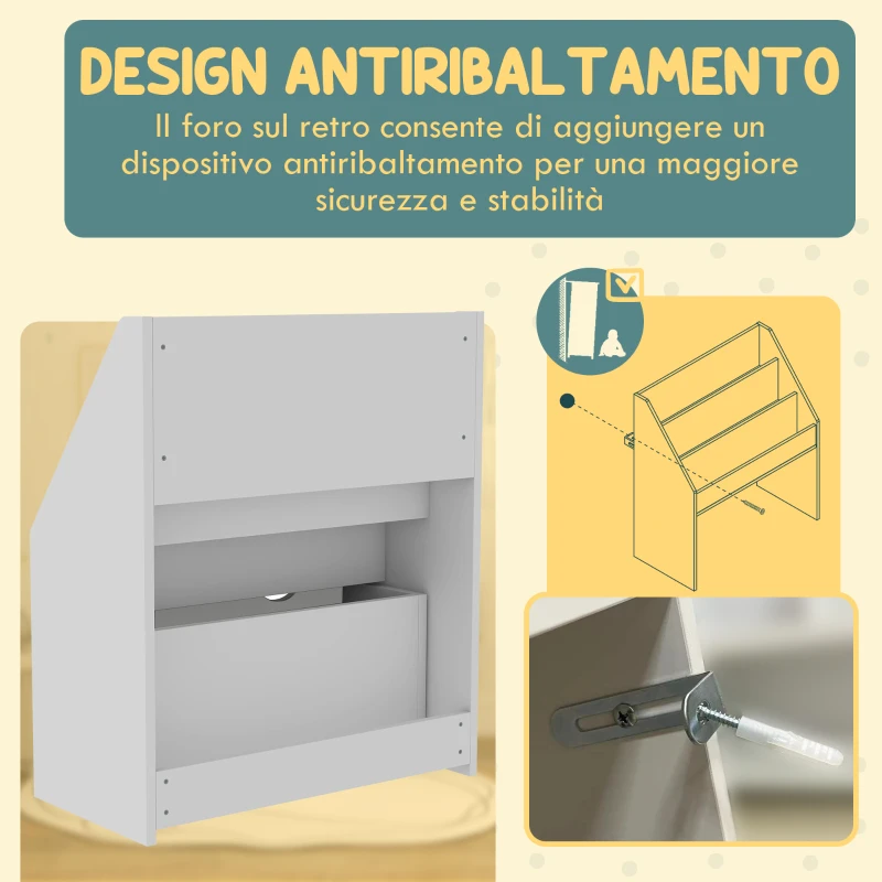 AIYAPLAY Libreria per Bambini 3-8 Anni a 3 Ripiani con Cassetto Inferiore, in MDF, 62.5x30x70 cm, Bianco