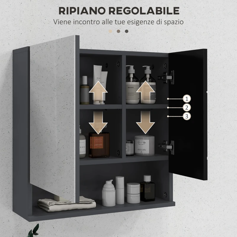 kleankin Armadietto con Specchiera Bagno a 2 Ante e Mensole Regolabili in Legno, 55x17x55cm, Nero