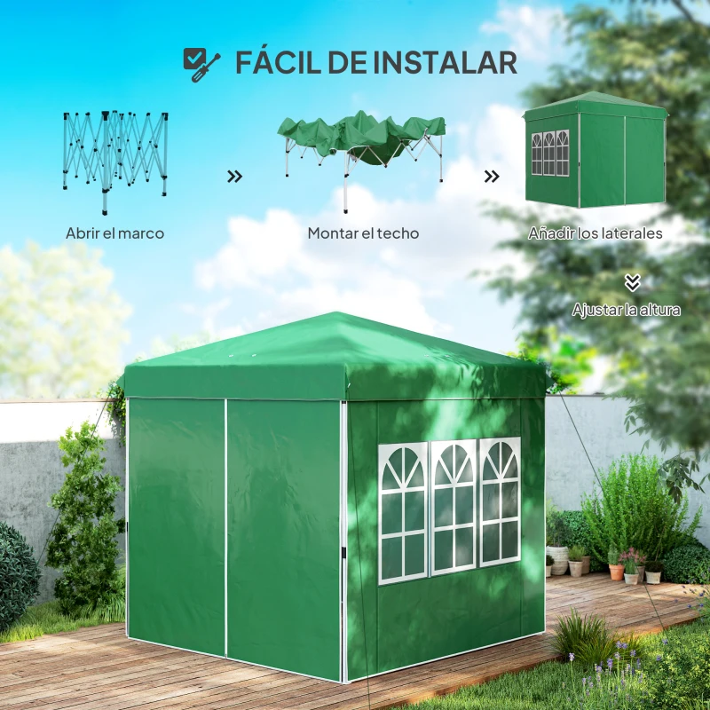 Outsunny Carpa Plegable Pop-up 2,5x2,5 m con 4 Paredes Laterales Anti-UV Altura Ajustable y Bolsa de Transporte Verde Oscuro