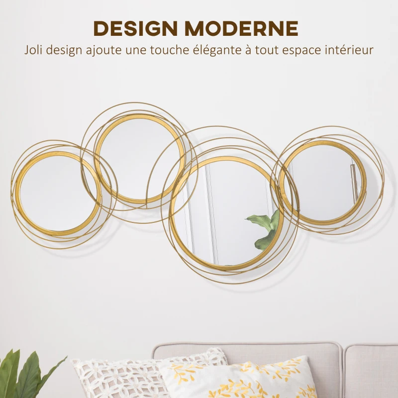 HOMCOM Ensemble de 4 miroirs ronds en métal dorés 107 x 56 cm