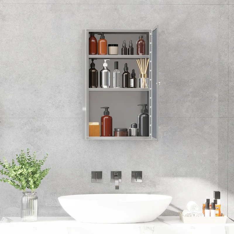 HOMCOM Stainless Steel Wall mounted Bathroom Mirror Cabinet 2 Shelves Storage Unit Furniture w/Single Door (60H x 40L x 13D (cm))