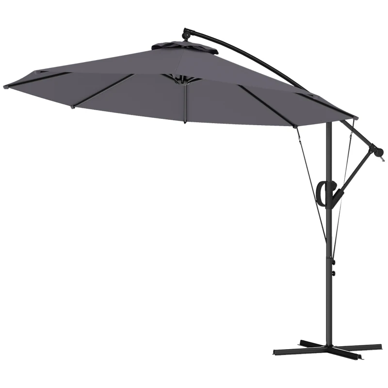 Outsunny 3(m) Garden Cantilever Parasol with Cover and Wind Protection Strap, Round Overhanging Umbrella with Crank Handle and Tilt, Banana Patio Umbrella for Outdoor Sun Shade, UPF50+, Grey