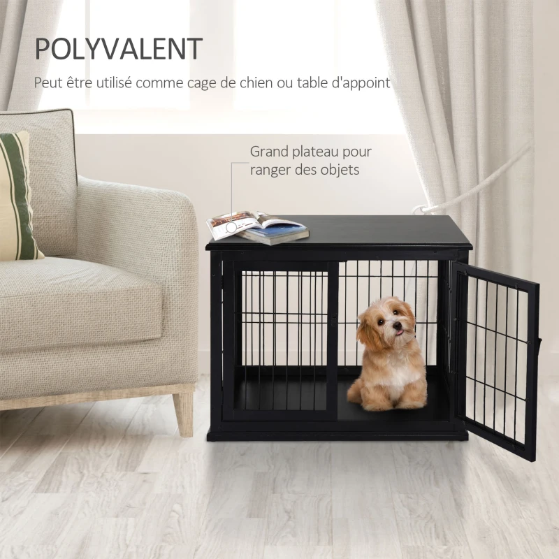 PawHut Cage pour chien animaux meuble cage chien intérieur en bois MDF classe E1 3 portes verrouillables max. 30 Kg dim. 81L x 58l x 66H cm noir