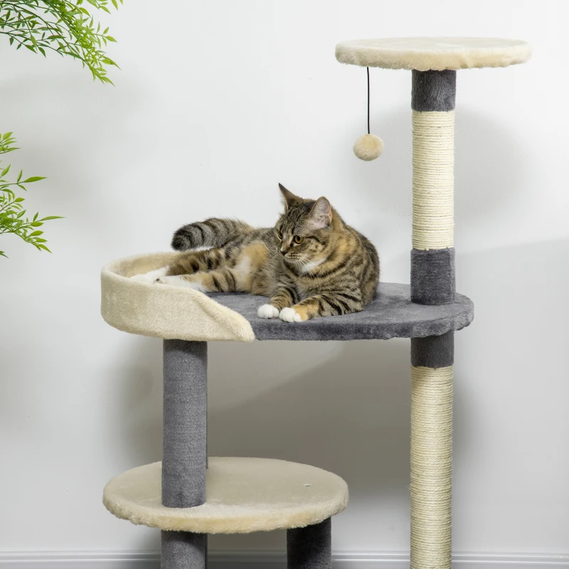 PawHut Albero Tiragraffi per Gatti a 3 Livelli con Pali in Sisal e Altezza 105cm, Grigio