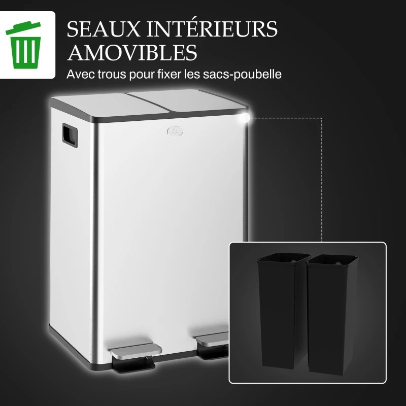 HOMCOM Poubelle de cuisine double, 2 x 28L, 2 couvercles à fermeture douce, seaux intérieurs amovibles et poignées