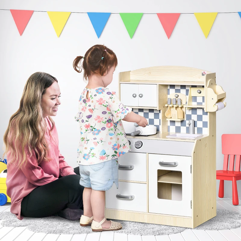 HOMCOM Kids Kitchen Play Cooking Toy Set Pretend Playset, Multiple Storage w/ Sink Cooking Bench Pots Age 3-6 Years, White