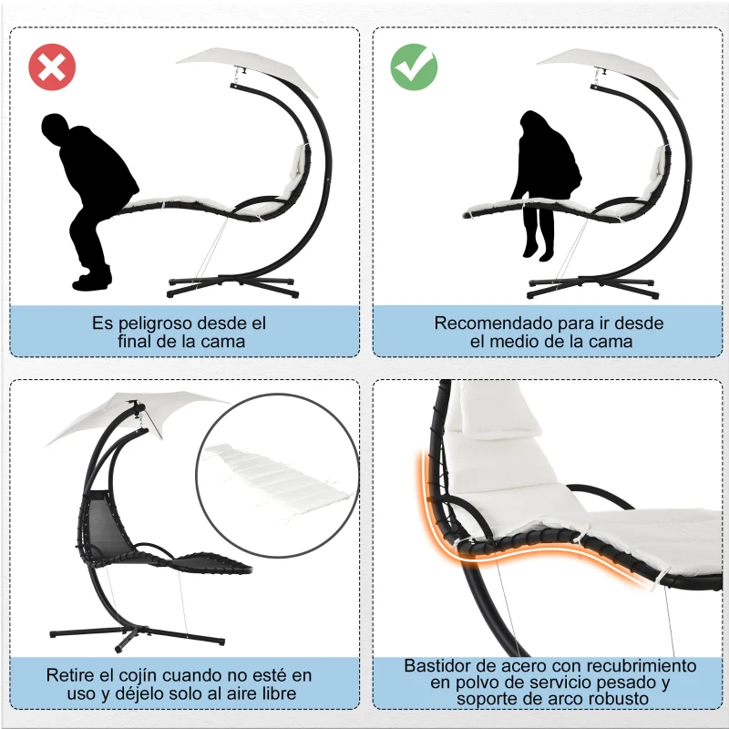 Outsunny Silla Colgante con Soporte con Toldo Estructura Metálica Antivuelco Carga 120 kg para Jardín Patio 190x110x190 cm Crema