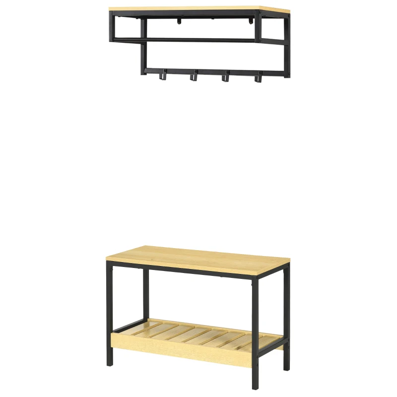 HOMCOM Recibidor Moderno con Perchero de Pared y Banco Zapatero Muebles de Entrada con 4 Ganchos 1 Barra y 1 Estante Roble