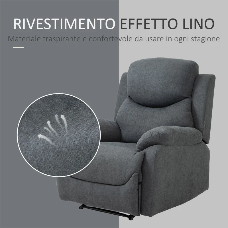 HOMCOM Poltrona Relax Manuale Ergonomica in Tessuto, Poltrona Reclinabile a 150° e Poggiapiedi per Casa e Ufficio, 93x88x102cm, Grigio Scuro
