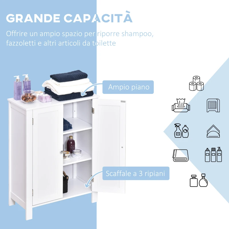 kleankin Mobiletto da Bagno Salvaspazio, Armadietto da Bagno Multiuso con Armadietto 2 Ripiani 2 Ante Maniglie in MDF 60 x 30 x 80cm Bianco