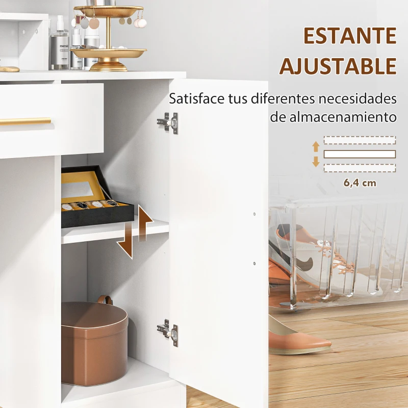 HOMCOM Tocador de Maquillaje con Taburete Espejo LED Cajones Estante Ajustable y Estantes Abiertos para Dormitorio Blanco