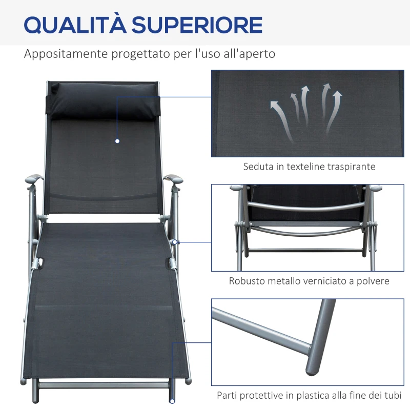 Outsunny Sdraio da Giardino Pieghevole con Cuscino, Schienale con 7 Reclinazioni, 137x63.5x100.5cm, Nero