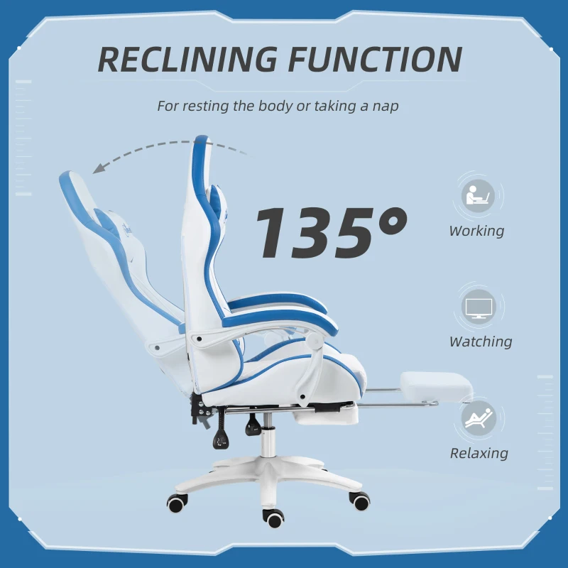 Vinsetto Computer Gaming Chair, PU Leather Office Desk Chair with Footrest, Swivel Wheels, 135° Reclining Back, Lumbar Support, Headrest for Home, White and Blue
