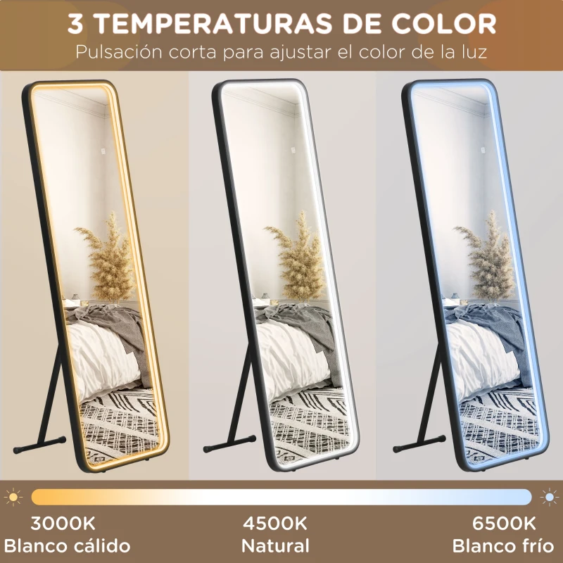 HOMCOM Espejo de Cuerpo Entero con Luces LED Espejo de Pie 151,5x50 cm Independiente o Pared con Luz Ajustable de 3 Colores