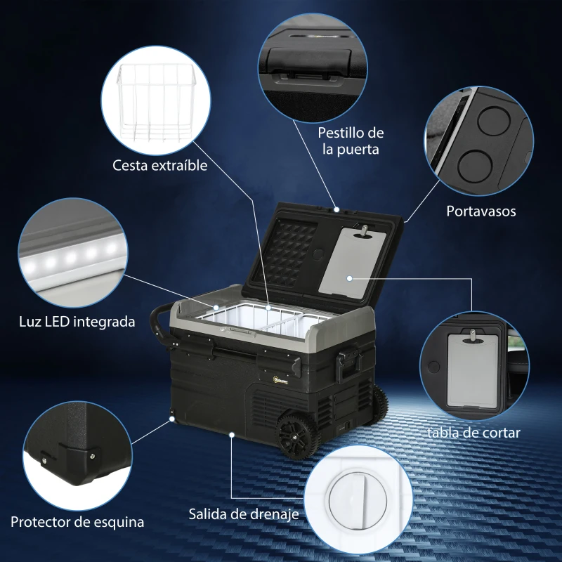 Outsunny Nevera Compresor Portátil 40L Nevera Portátil Eléctrica para Coche Congelador CC 12V/24V hasta -20℃ con Pantalla LED Táctil Asa Retráctil Ruedas para Camping Viajes 71,1x46x44 cm Negro