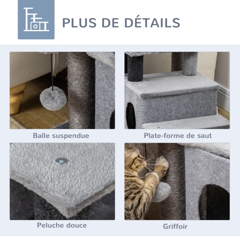 PawHut Escalier pour chat arbre à chat hauteur ajustable 3 ou 4 marches avec niche balle suspendue - 60 x 40 x 66 cm - gris
