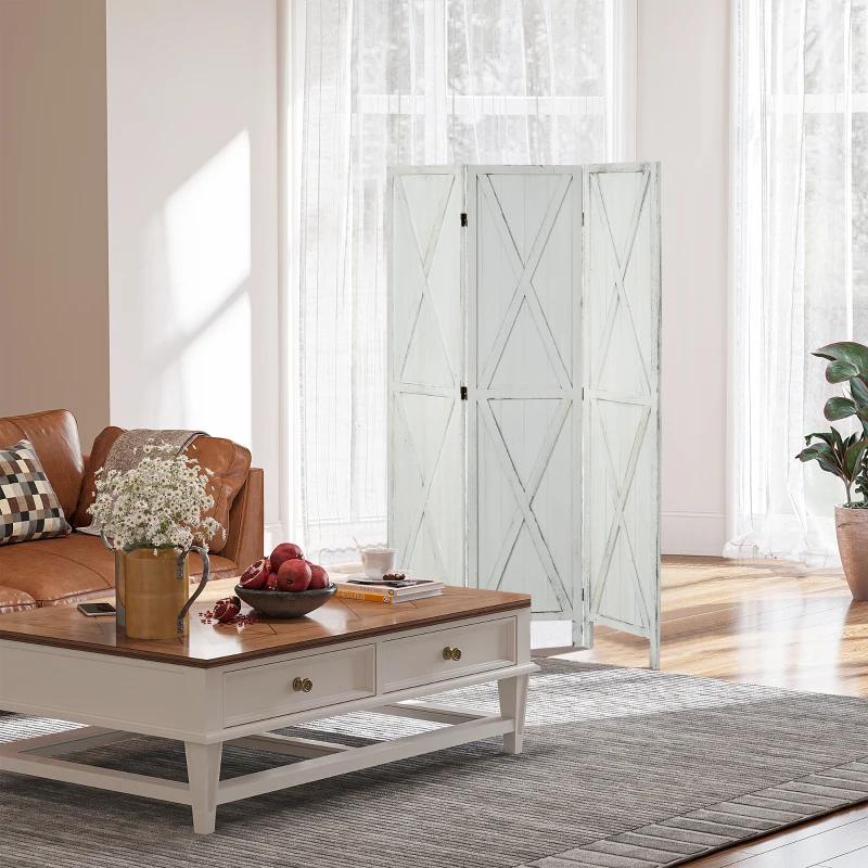 HOMCOM Paravent séparateur de pièce cloison intérieur pliable 3 panneaux en bois dim.120 x 170 cm blanc vieilli