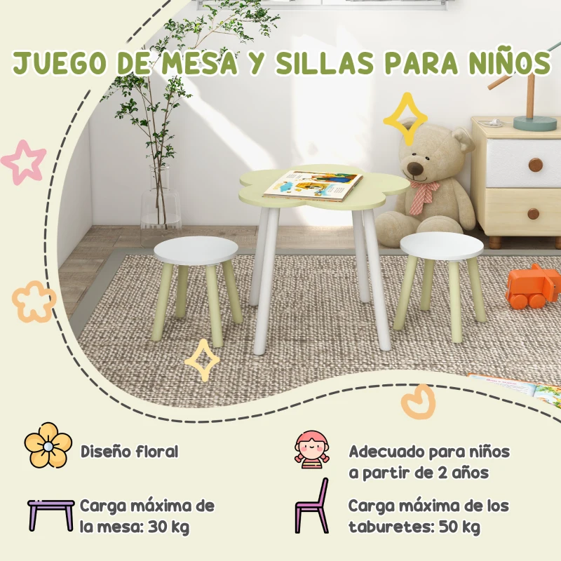 ZONEKIZ Mesa con 2 Sillas para Niños de 2-5 Años con Mesa en Forma de Flores Ø59x50 cm y Sillas Ø28x26 cm Verde Pastel y Blanco
