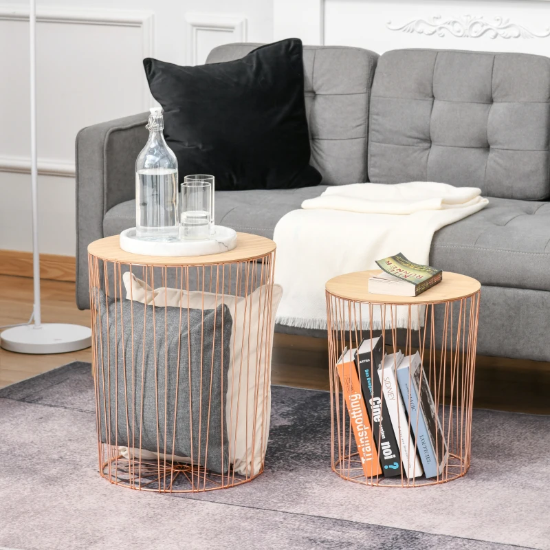 HOMCOM Coffee Tables Set of 2, Side Tables with Metal Frame, End Tables for Living Room, Bedroom - Rose Gold Color Base