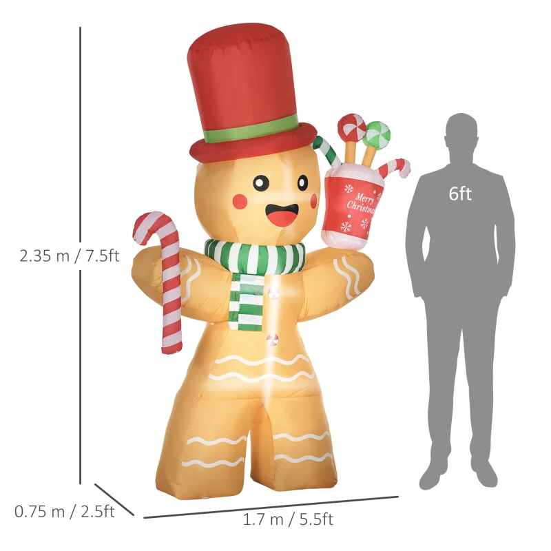 HOMCOM 7.5ft Christmas Inflatable Gingerbread Man with Candy Cane, Blow-Up Outdoor Garden Display for Lawn, Party