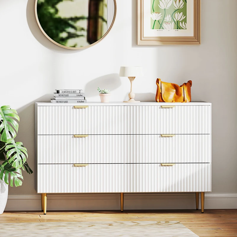 HOMCOM Commode 6 tiroirs commode chambre meuble de rangement moderne avec poignées et pieds dorés, 120 x 40 x 76,5 cm, blanc