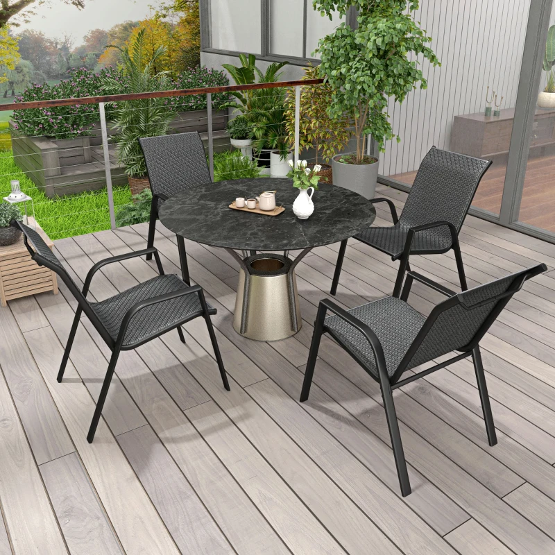 Outsunny Lot de 4 chaises de jardin empilables, fauteuil d'extérieur avec accoudoirs et revêtement en résine tressée effet rotin