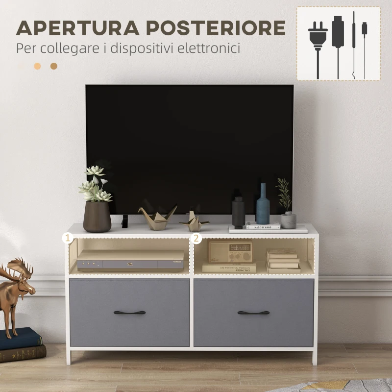 HOMCOM Mobile TV 45" max in MDF e Tessuto non Tessuto con 2 Cassetti e 2 Ripiani, 100x30x53 cm, Bianco e Grigio