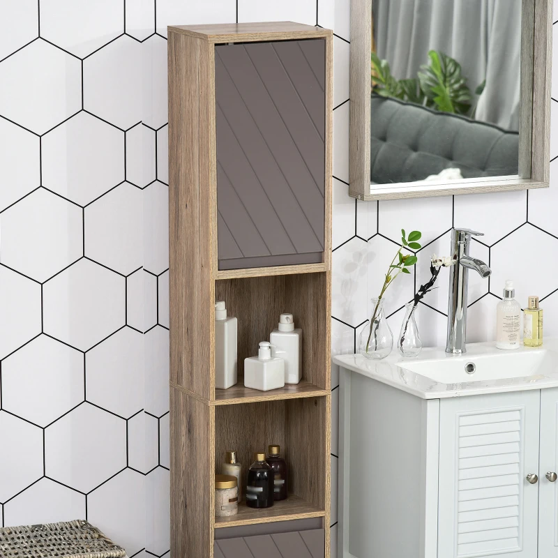 HOMCOM Meuble colonne rangement salle de bain style cosy 30 x 24 x 170 cm 2 portes étagère 2 niches chêne clair gris