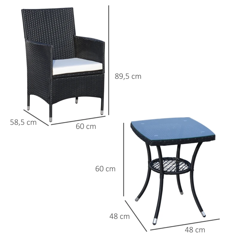 Outsunny Ensemble salon de jardin 2 places : 2 fauteuils et table basse plateau verre trempé résine tressée 4 fils imitation rotin avec coussins noir