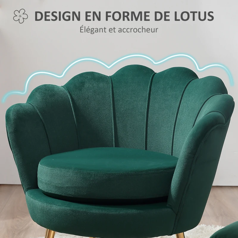 HOMCOM Fauteuil salon fauteuil en velours fauteuil coquillage avec pieds en métal doré pour chambre à coucher, vert foncé