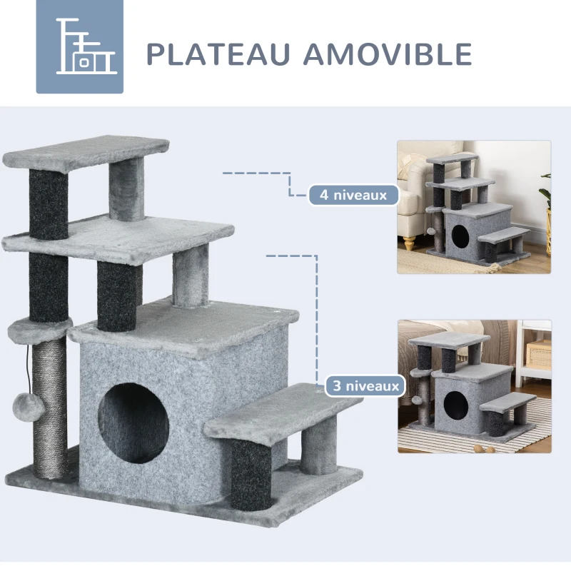 PawHut Escalier pour chat arbre à chat hauteur ajustable 3 ou 4 marches avec niche balle suspendue - 60 x 40 x 66 cm - gris