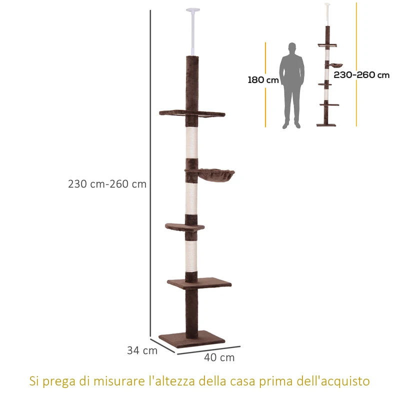 PawHut Albero Tiragraffi Multilivello a Soffitto con Amaca e Altezza Regolabile, 40x34x230-260cm, Marrone