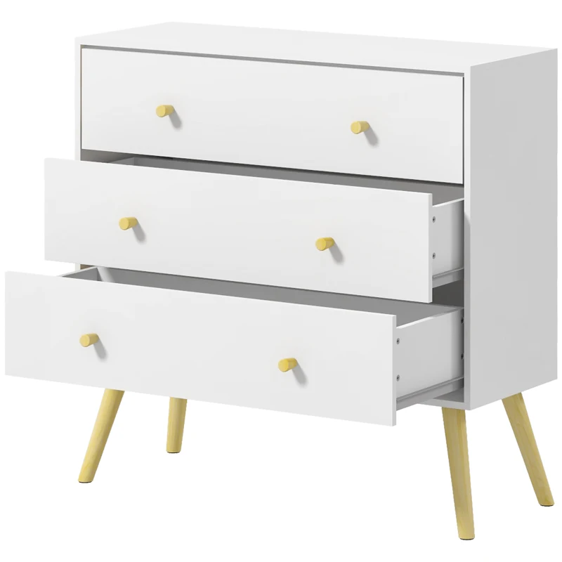 HOMCOM Cómoda con 3 Cajones Cajonera de Dormitorio con Patas de Madera de Pino para Salón Oficina Habitación 80x30x80 cm Blanco