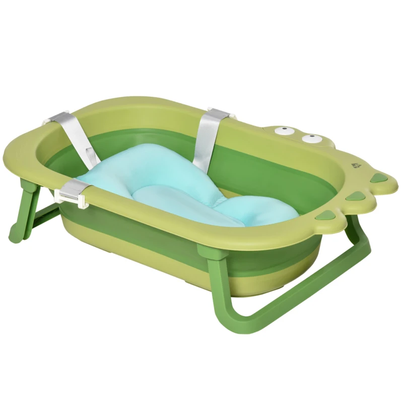 HOMCOM Bañera Plegable para Bebé Bañera Bebé 0-3 Años 50 Litros con Cojín Cómodo y Patas Plegables Carga 50 kg 80x53,9x20,8 cm Verde