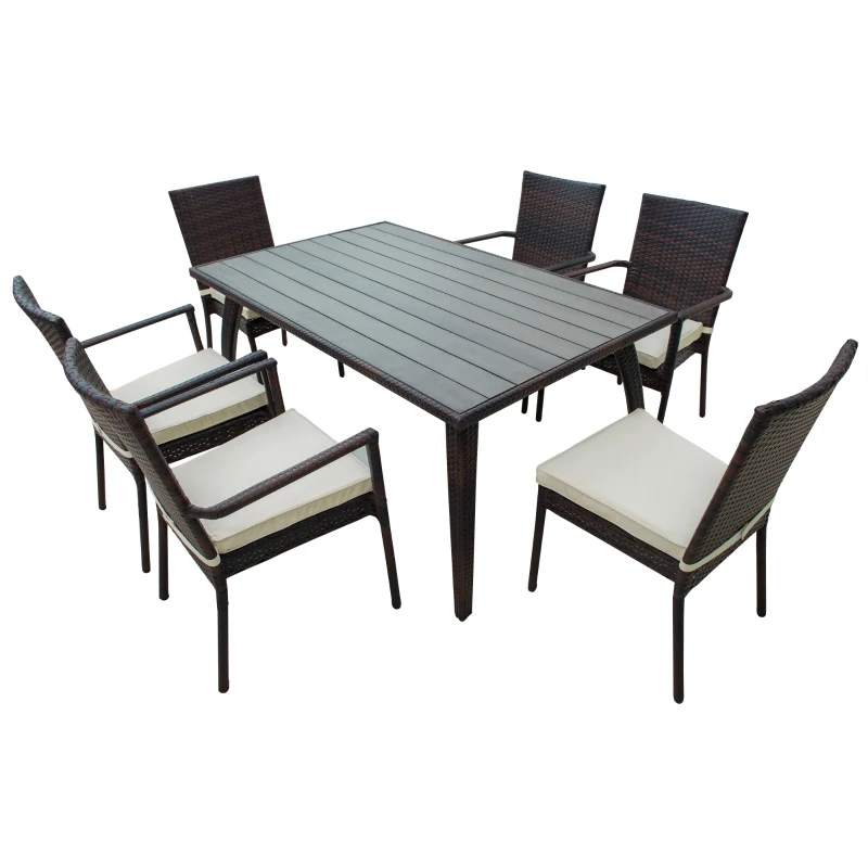 Outsunny 7 pz Set da Pranzo da Giardino Tavolo da Esterno con 6 Sedie, Mobili da Giardino in Rattan PE e Acciaio con Cuscini Lavabili, Marrone e Crema