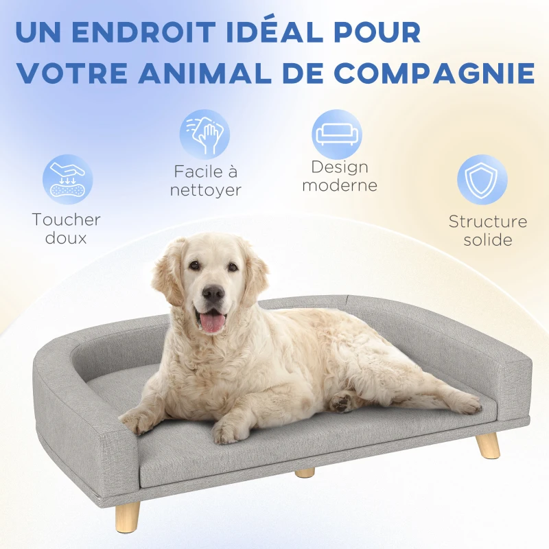 PawHut Canapé pour chien grand lit surélevé pour chien coussin lavable cadre en bois tissu polyester 98 x 67 x 25 cm gris
