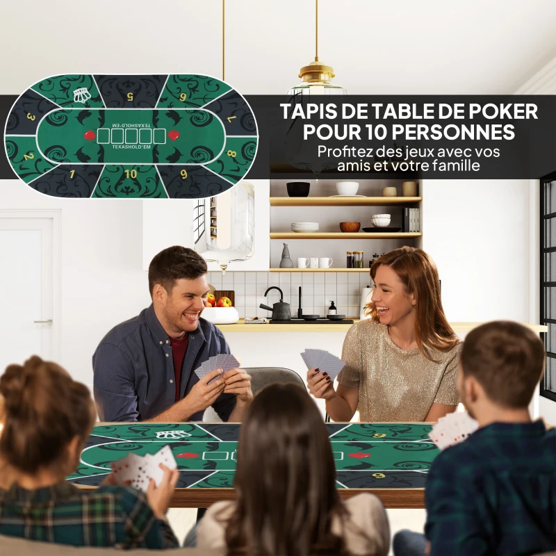 SPORTNOW Tapis de poker dessus de table de poker jusqu'à 10 joueurs sac de transport inclus 180 x 90 x 0,5 cm vert et noir