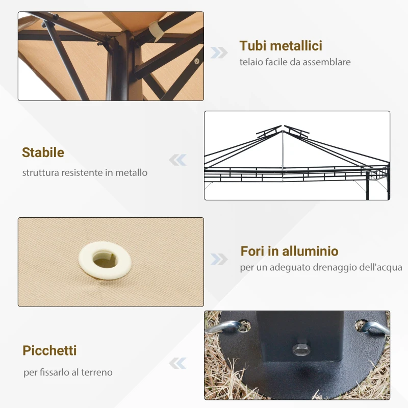 Outsunny Gazebo Pergola da Esterno 3.3x3.3m con Doppio Tettuccio e Telo Estraibile, Marrone Chiaro