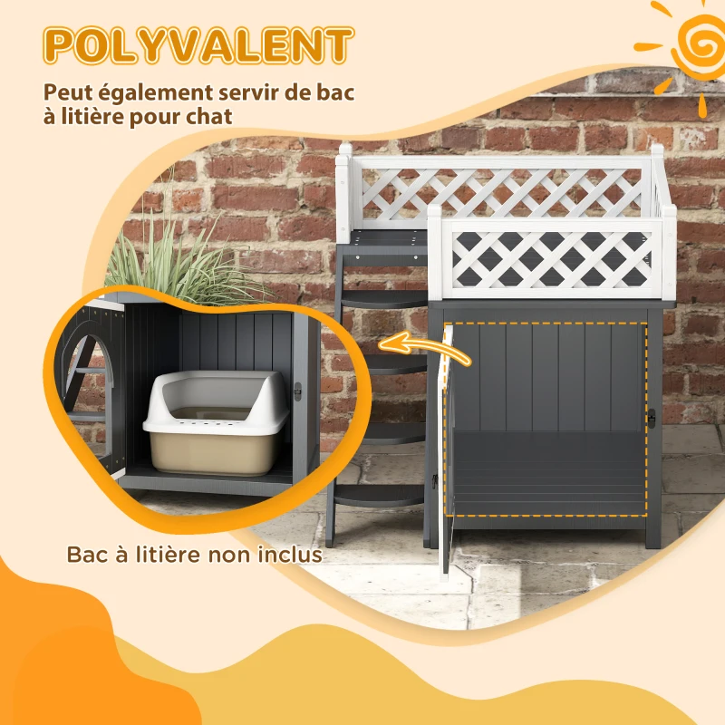 PawHut Maison pour chat niche pour chat à 2 étages avec balcon escaliers en bois massif 67,5 x 63 x 68,5 cm gris