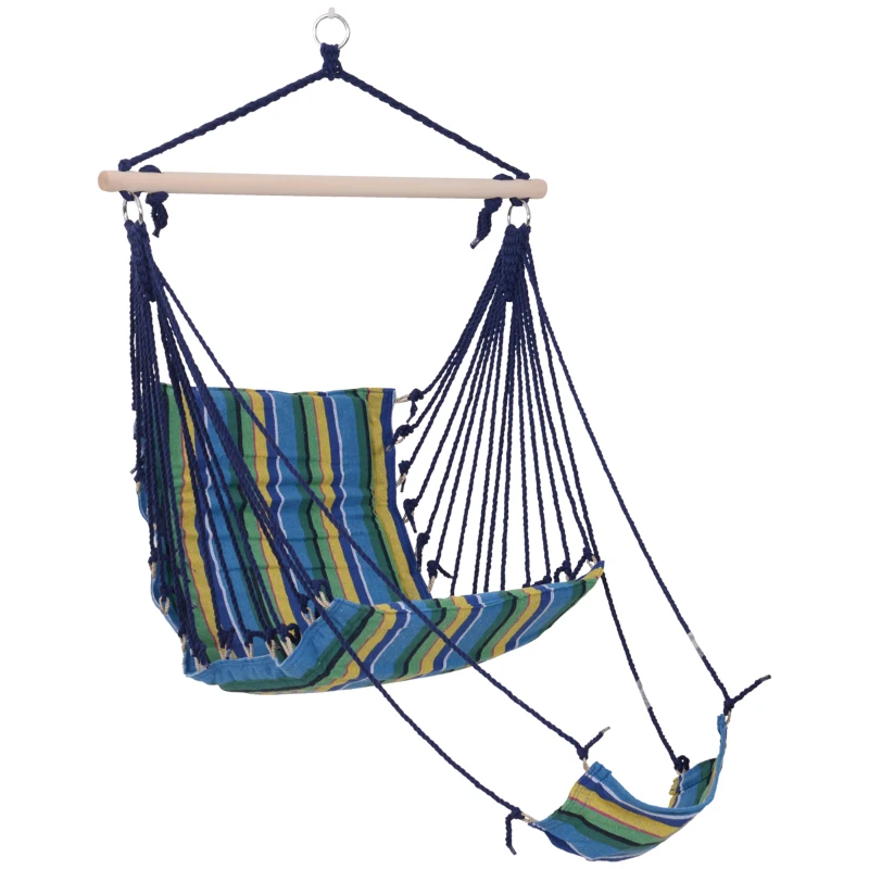 Outsunny Outdoor Hammock Hanging Rope Garden Yard Patio Swing Chair Seat Woodenwith Footrest Cotton Cloth Blue Stripe