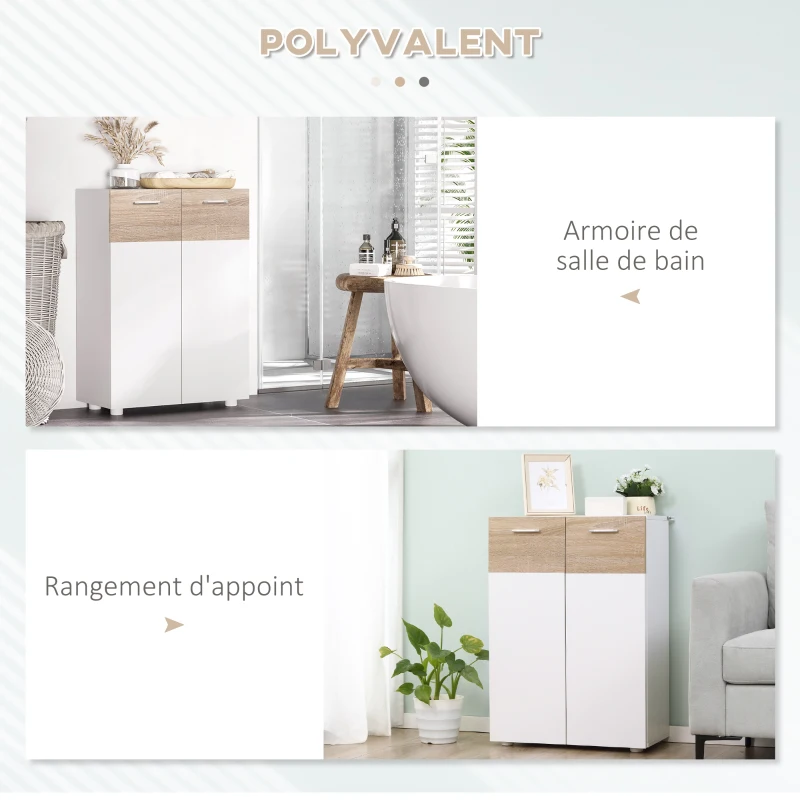 kleankin Meuble de rangement Armoire Commode pour Salle de Bain, Salon, Chambre Double Porte avec 2 étagères réglables en Bois Blanc etchêne Clair