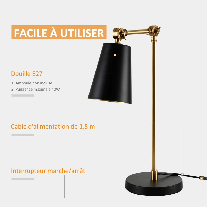 HOMCOM Lampe de table lampe de chevet style industriel angle réglable à 180° en métal pour salon chambre salle à manger bureau noir et or