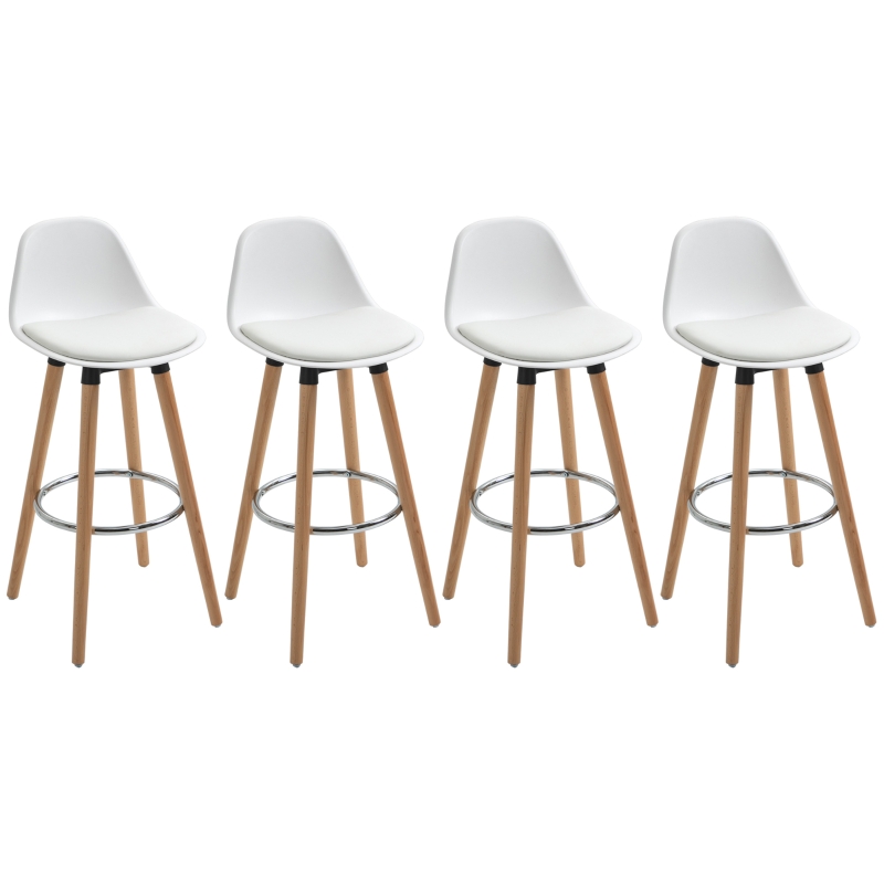 HOMCOM Lot de 4 tabourets de bar style scandinave hauteur 70 cm avec pieds en bois et repose-pieds en acier - blanc