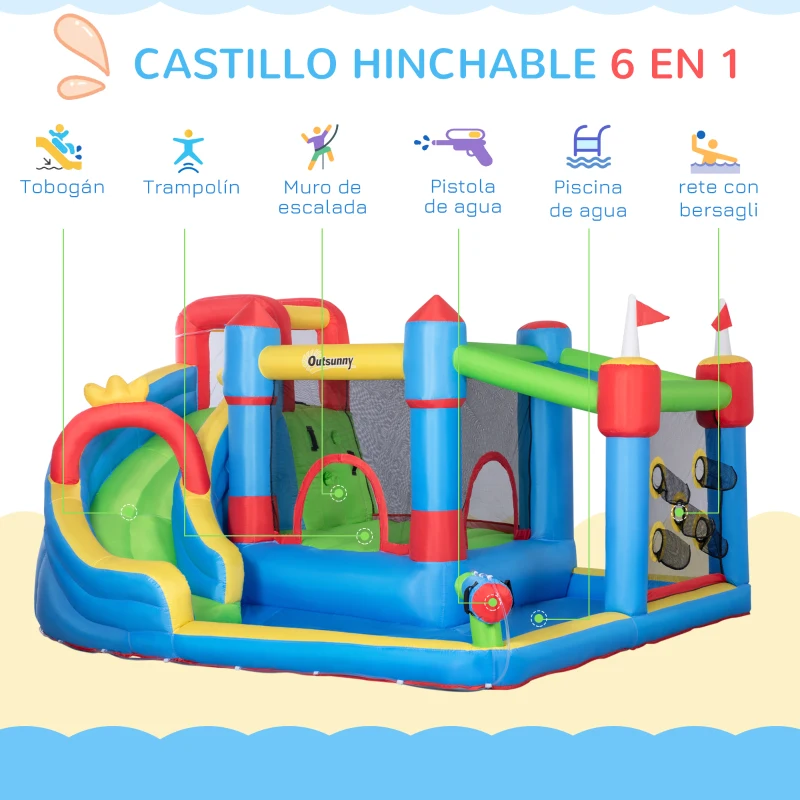 Outsunny Castillo Inflable Infantil con Tobogán Cama de Salto Piscina Muro de Escalada Inflador 390x300x197 cm Multicolor