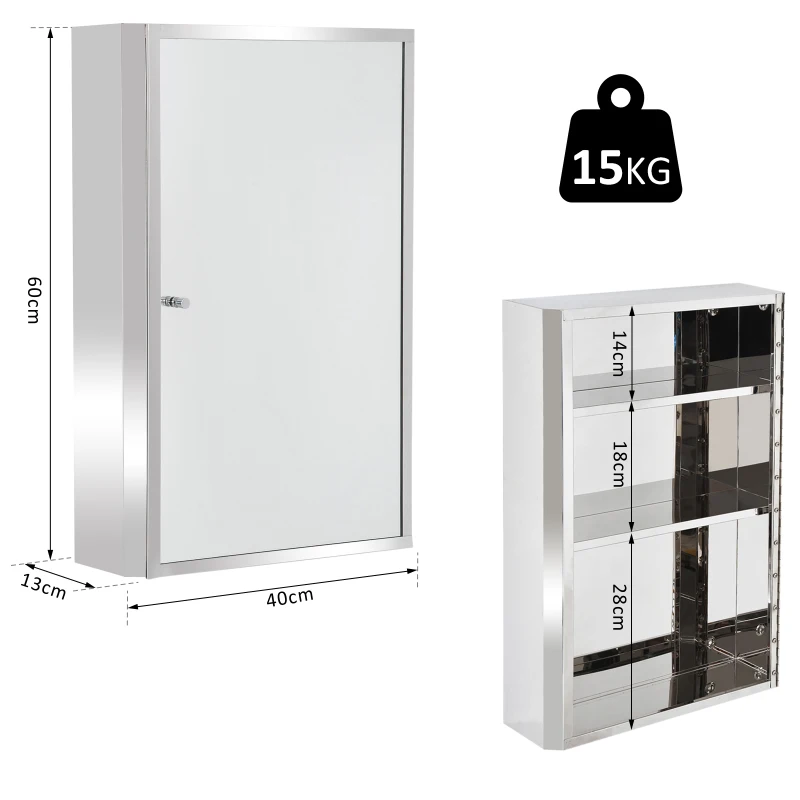 HOMCOM Armoire Miroir Murale de Salle de Bain Acier Inoxydable 3 Niveaux de Rangement 40L x 13l x 60H cm